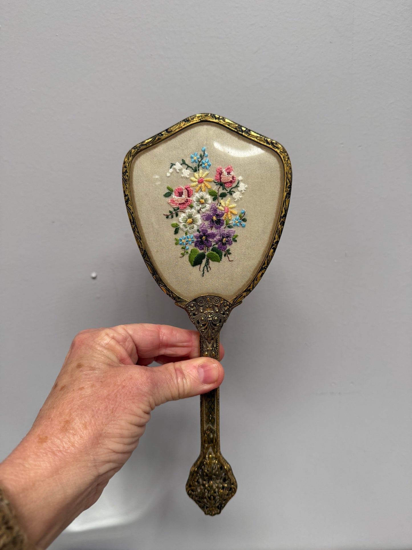 Vintage 3Pce Gilt Filigree Petit Point Vanity Set