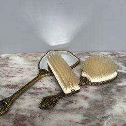 Vintage 3Pce Gilt Filigree Petit Point Vanity Set