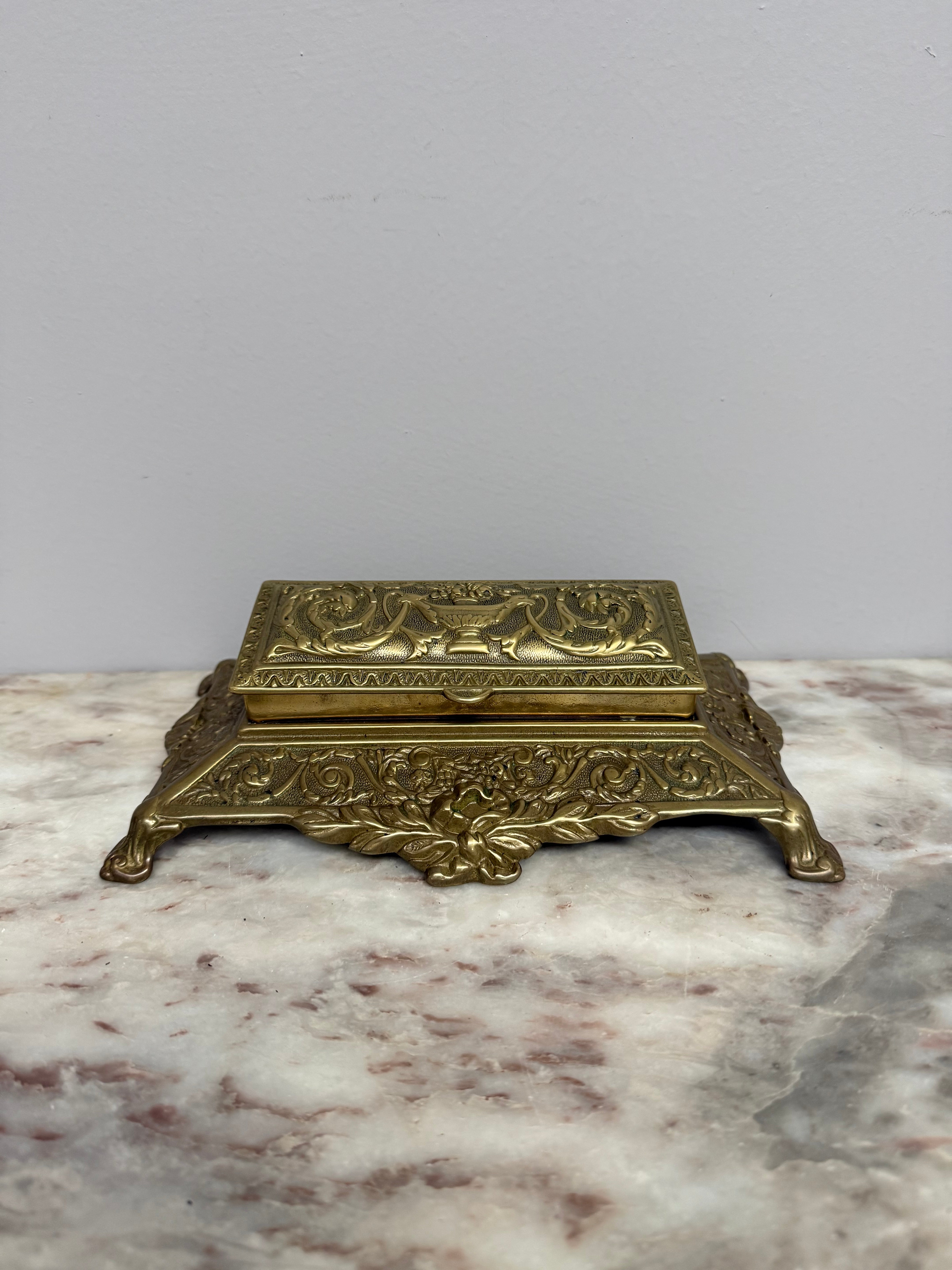 Vintage French Ornate Brass Stamp Box/Desk Organiser