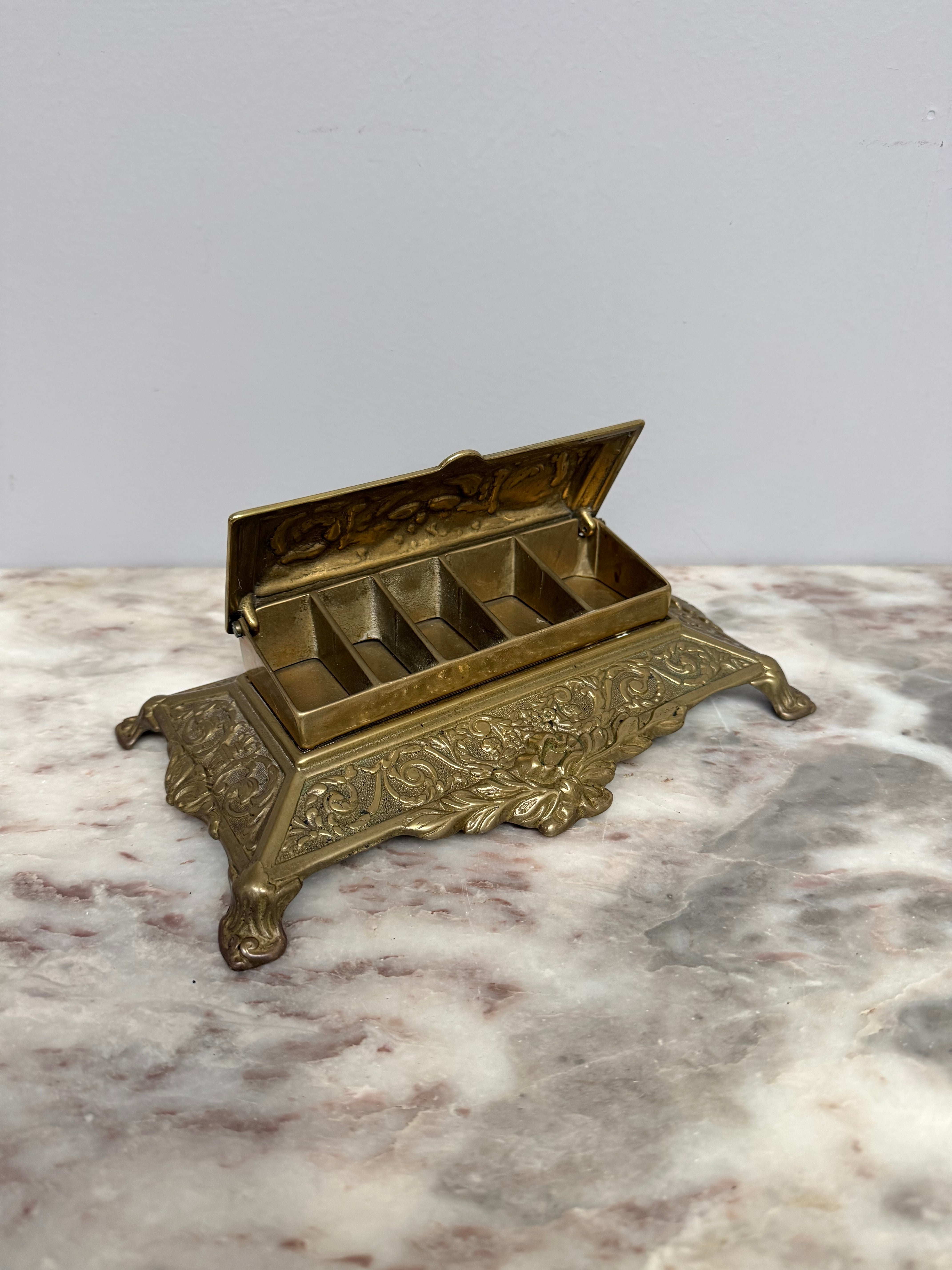 Vintage French Ornate Brass Stamp Box/Desk Organiser