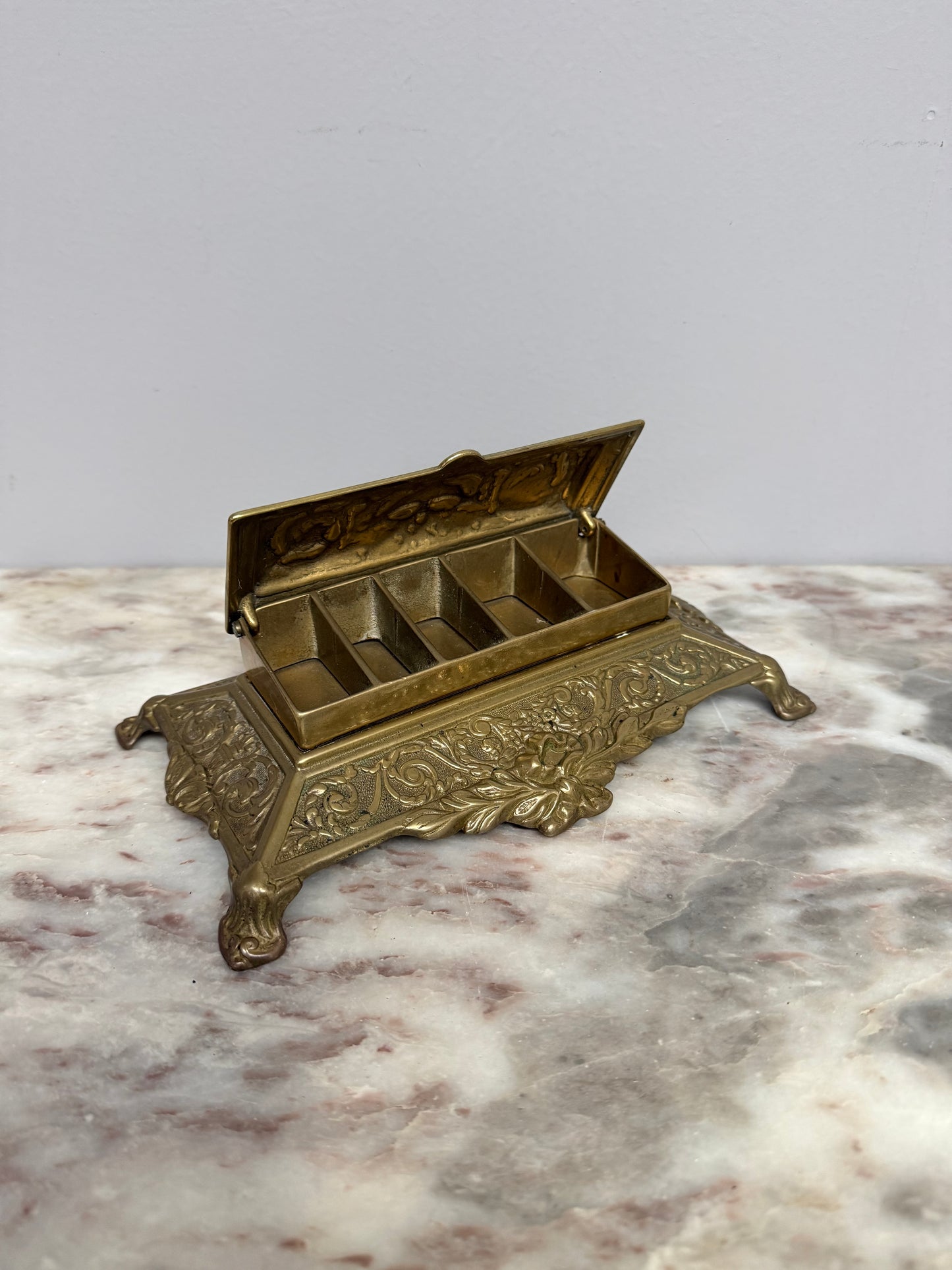 Vintage French Ornate Brass Stamp Box/Desk Organiser