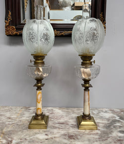 Pair of French Parisian Empire Style Oil Lamps Brass & Onyx Moonee Ponds Antiques