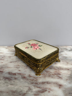 Pretty Gold Tone Embossed Metal Jewellery Box With Petit Point Top Moonee Ponds Antiques