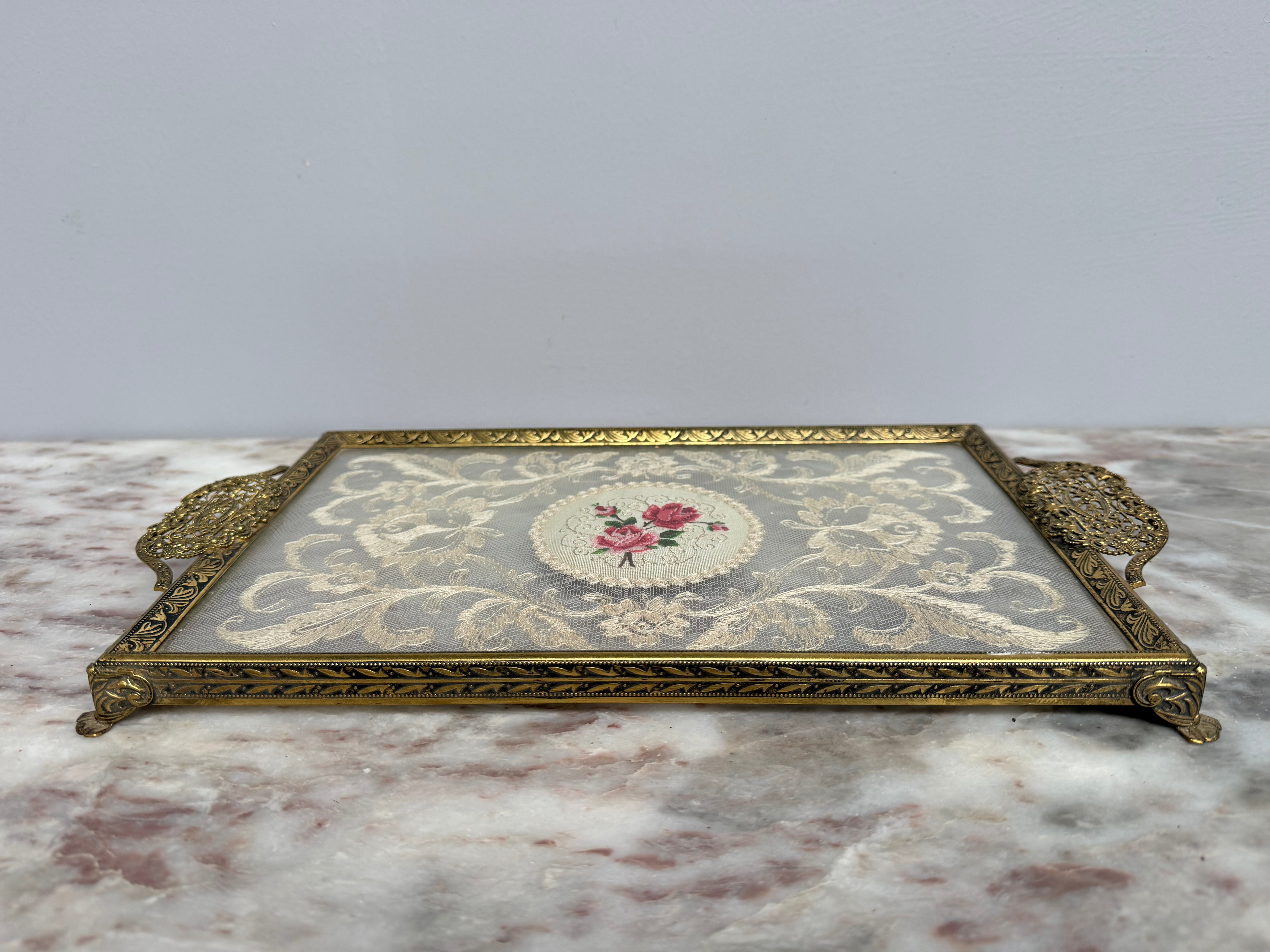 Vintage Gold Tone Filigree Embossed Metal Tray With Petit Point | Antique & Vintage | Moonee Ponds Antiques | Australia Wide Delivery
