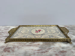 Vintage Gold Tone Filigree Embossed Metal Tray With Petit Point Moonee Ponds Antiques
