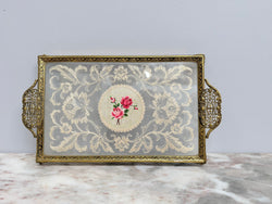 Vintage Gold Tone Filigree Embossed Metal Tray With Petit Point Moonee Ponds Antiques