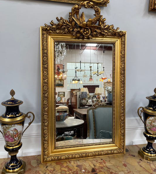 Compact Late 19th Century French Gilt Framed Wall Mirror Featuring Carved Birds