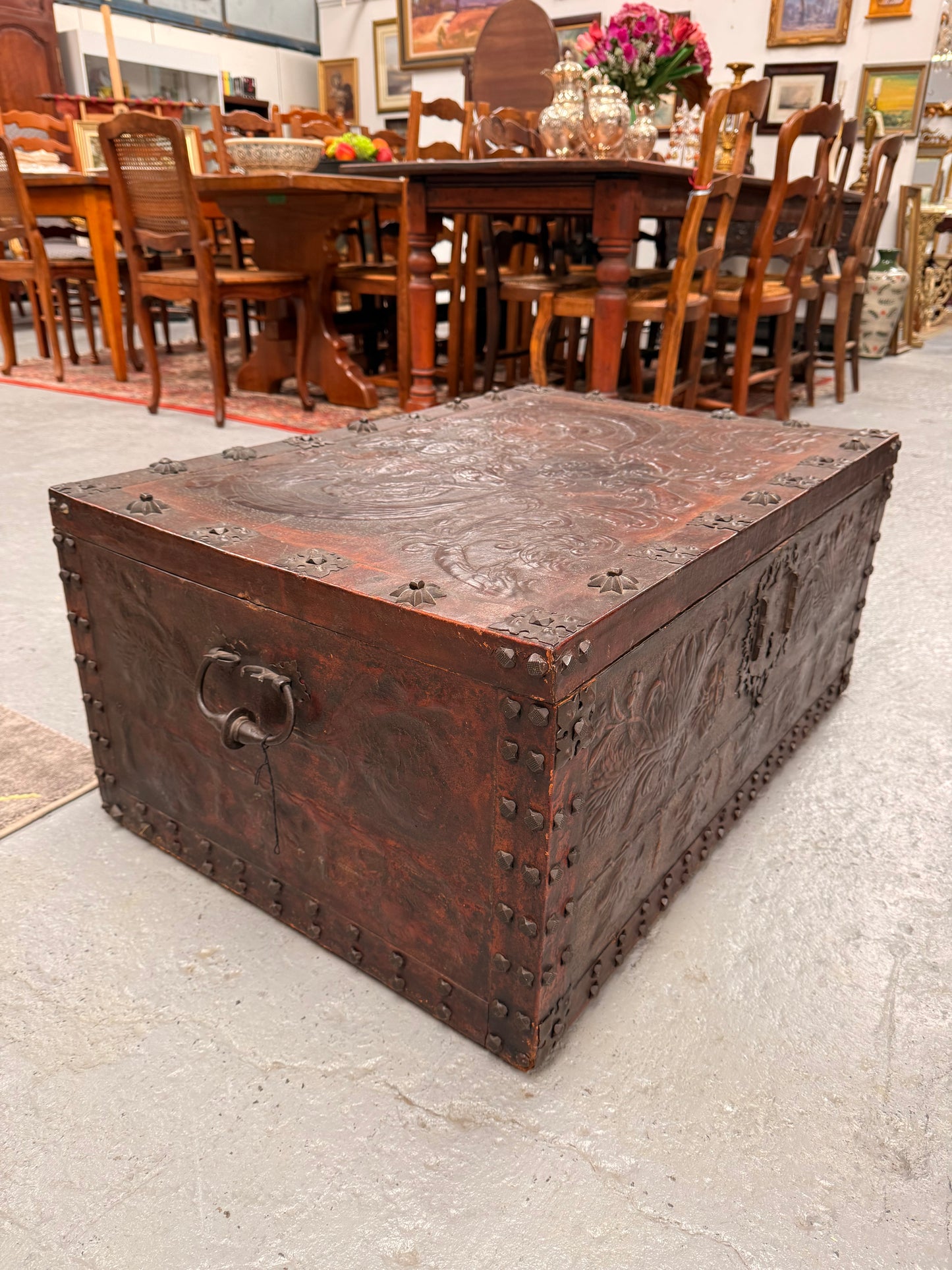 Victorian Arts & Crafts Leather Embossed Trunk