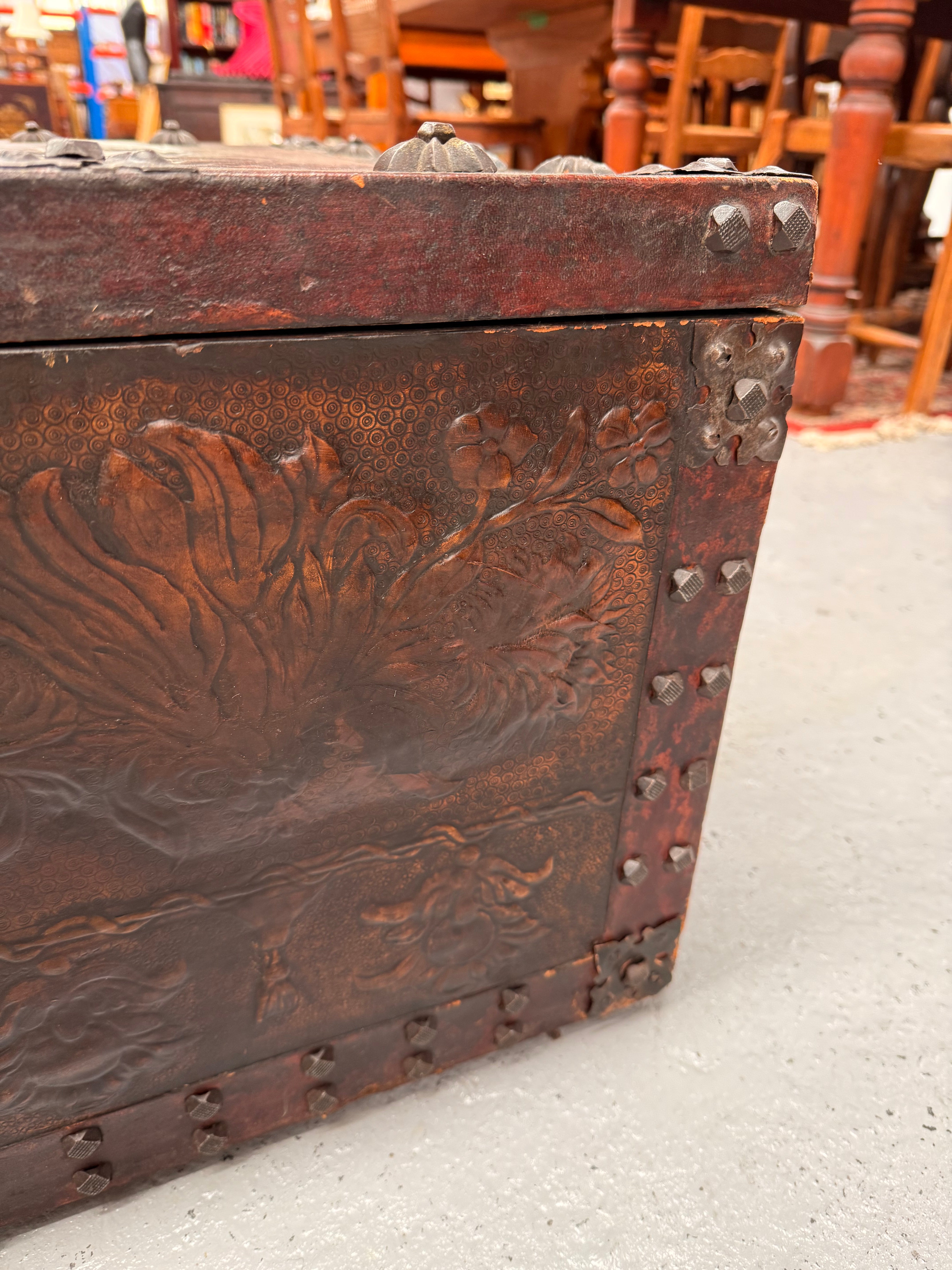 Victorian Arts & Crafts Leather Embossed Trunk | Antique & Vintage | Moonee Ponds Antiques | Australia Wide