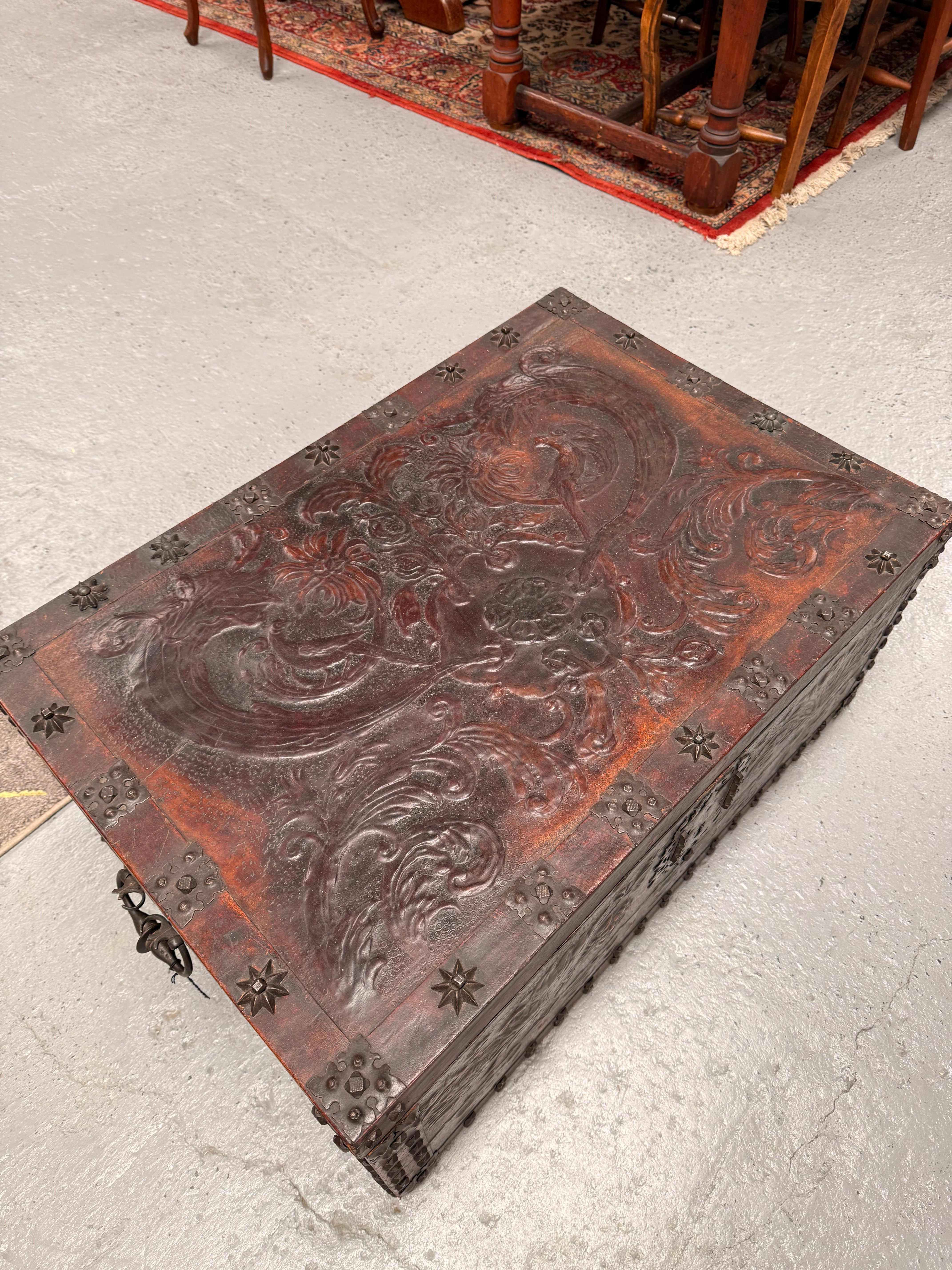 Victorian Arts & Crafts Leather Embossed Trunk | Antique & Vintage | Moonee Ponds Antiques | Australia Wide