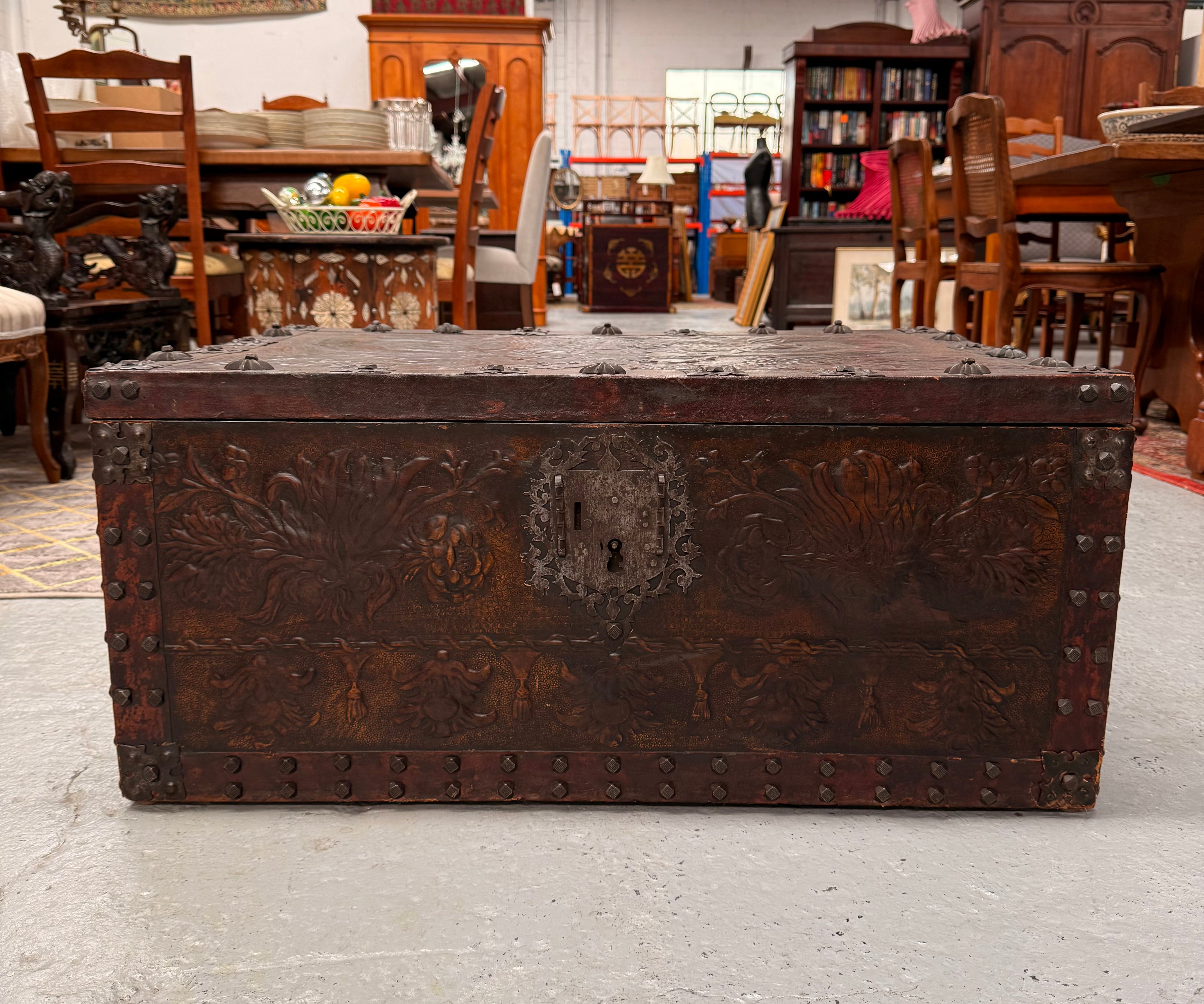 Victorian Arts & Crafts Leather Embossed Trunk | Antique & Vintage | Moonee Ponds Antiques | Australia Wide