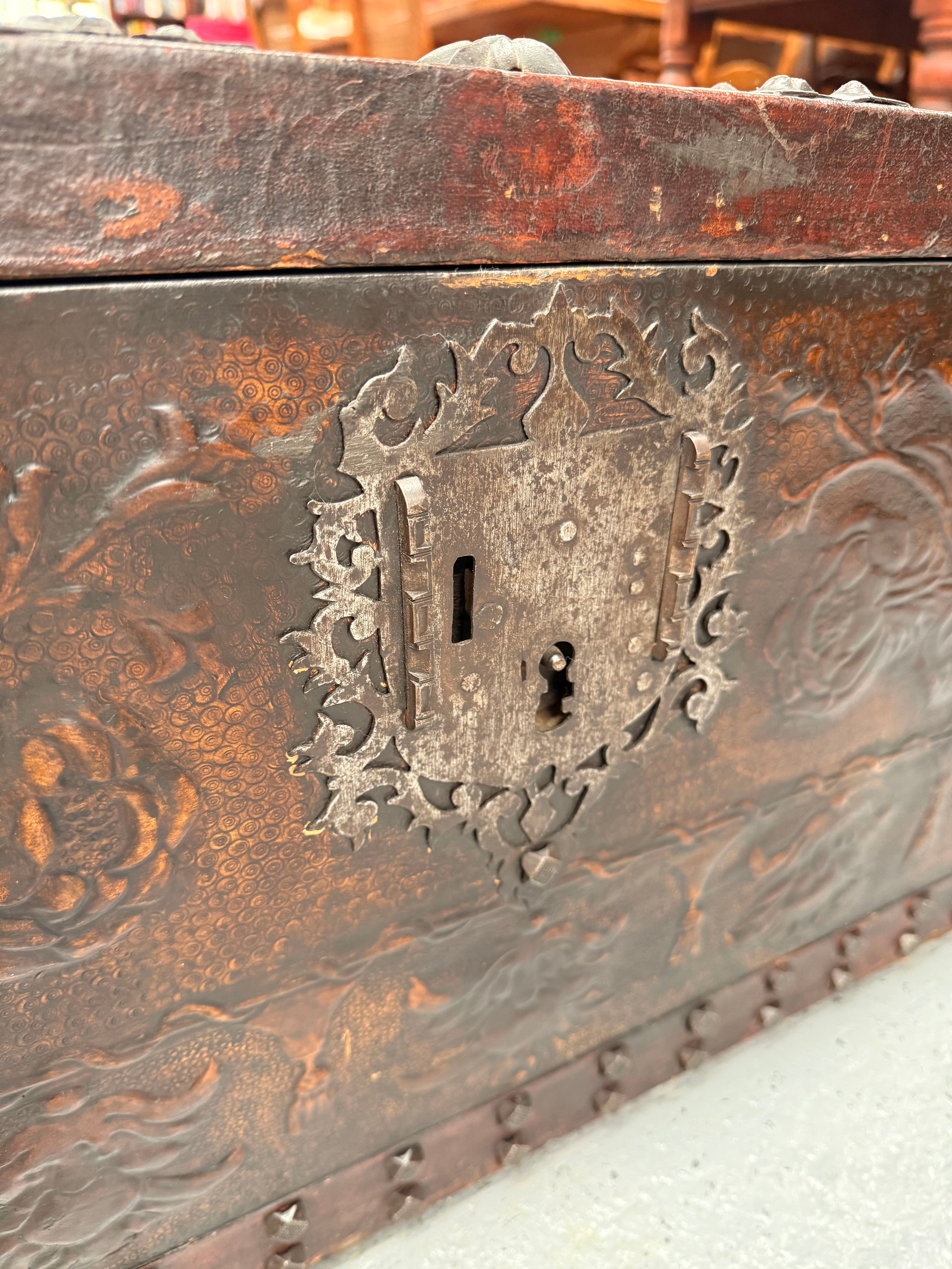 Victorian Arts & Crafts Leather Embossed Trunk | Antique & Vintage | Moonee Ponds Antiques | Australia Wide