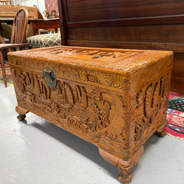 Vintage Carved Camphorwood Chest On Four Lion Feet