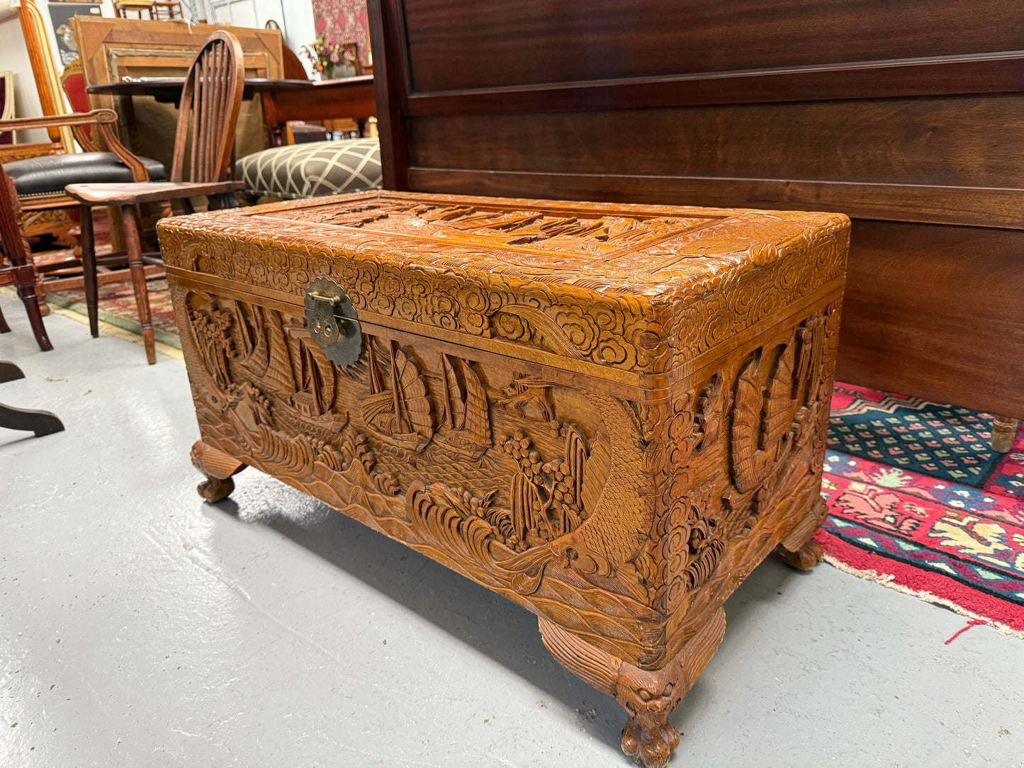 Vintage Carved Camphorwood Chest On Four Lion Feet