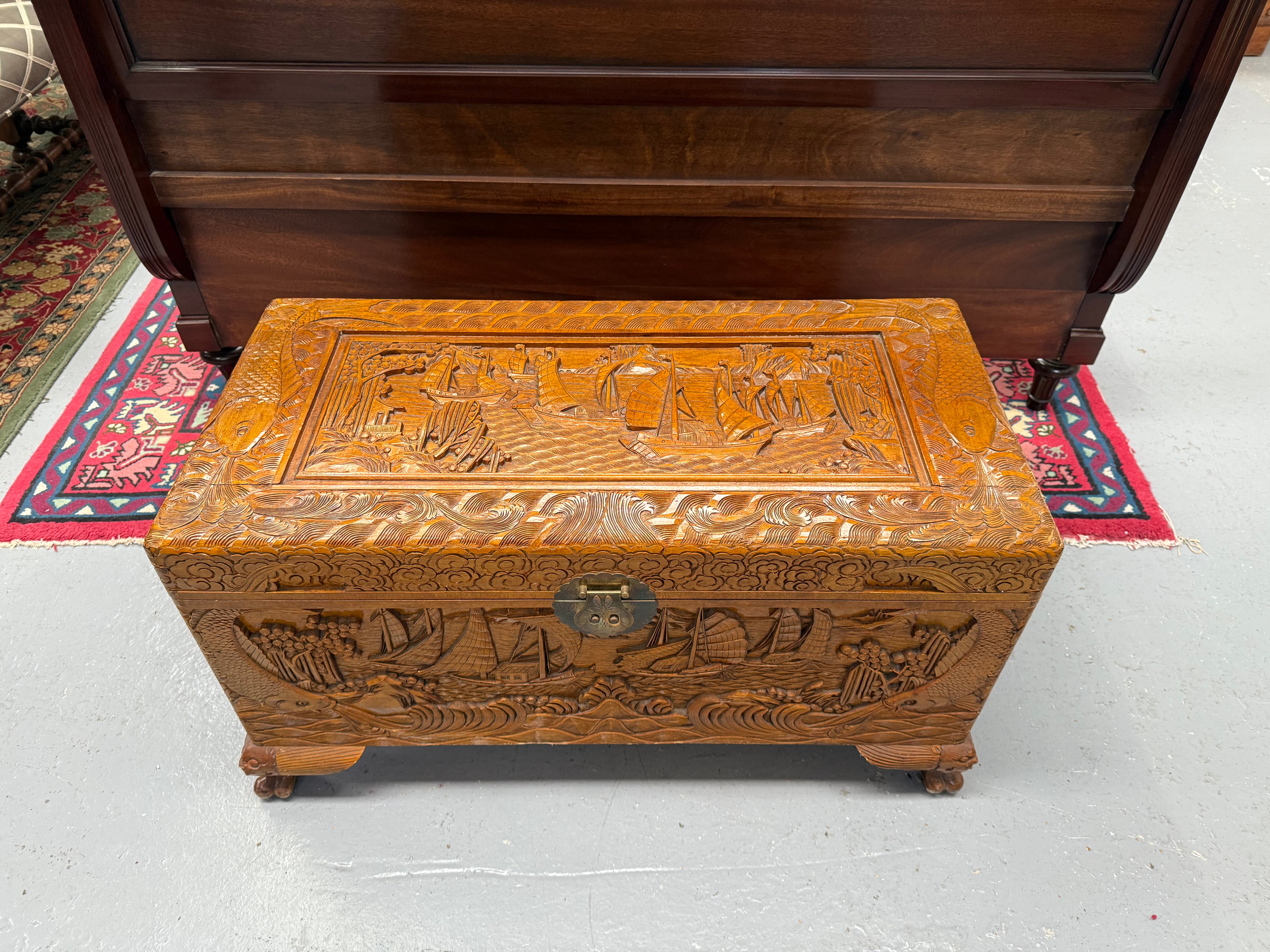 Vintage Carved Camphorwood Chest On Four Lion Feet | Antique & Vintage | Moonee Ponds Antiques | Australia Wide Delivery
