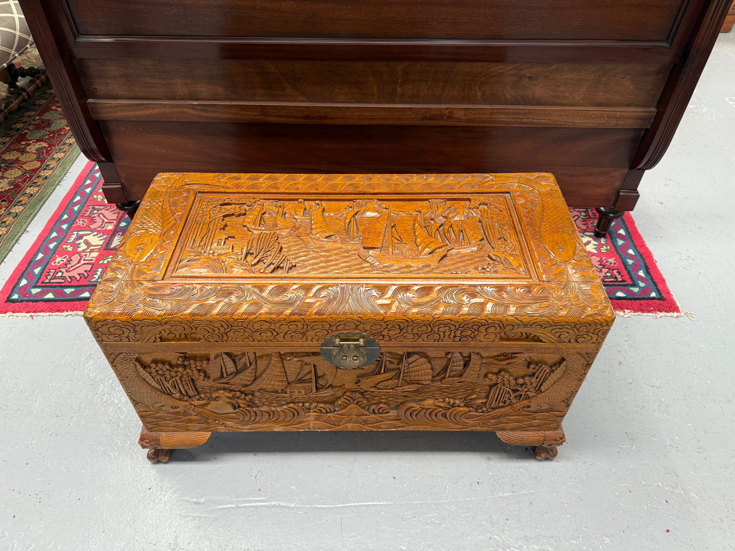 Vintage Carved Camphorwood Chest On Four Lion Feet