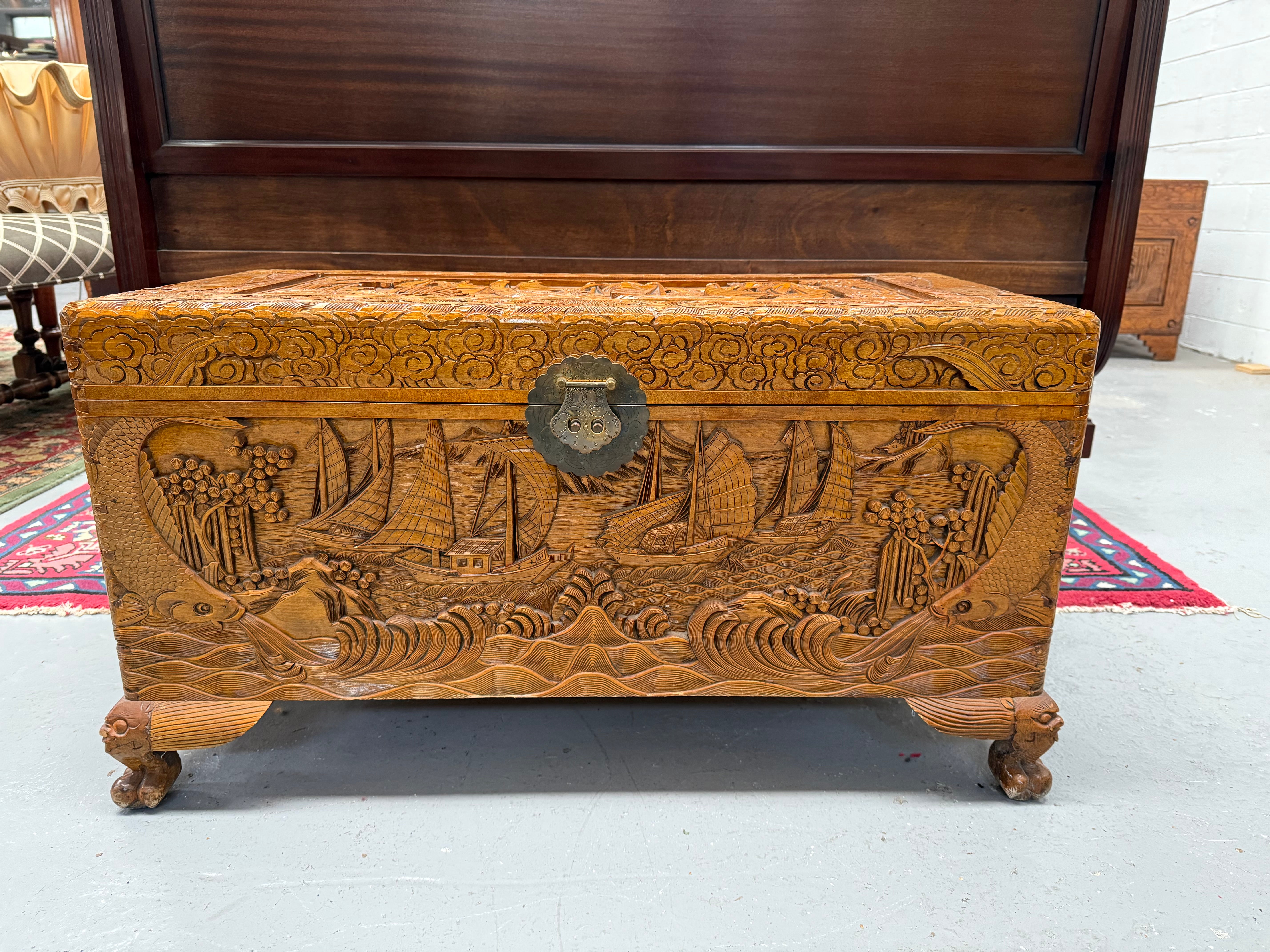 Vintage Carved Camphorwood Chest On Four Lion Feet