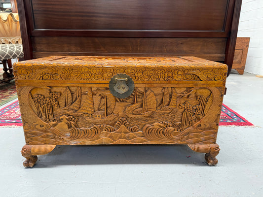 Vintage Carved Camphorwood Chest On Four Lion Feet