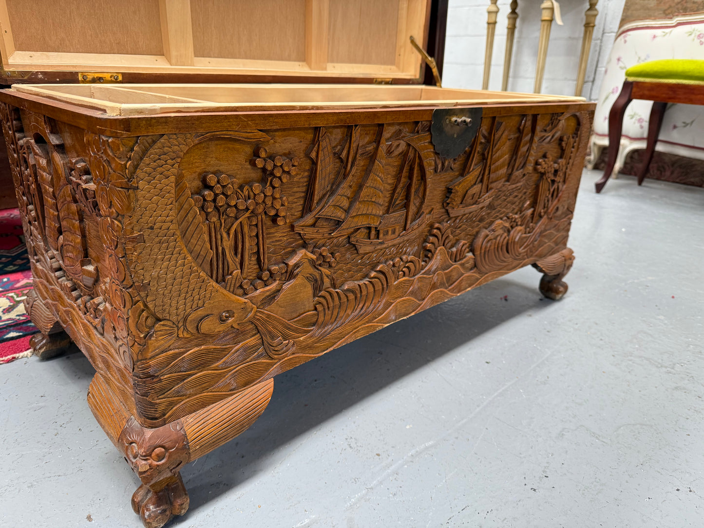 Vintage Carved Camphorwood Chest On Four Lion Feet