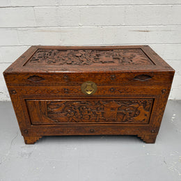 Large Vintage Oriental Carved Camphorwood Chest