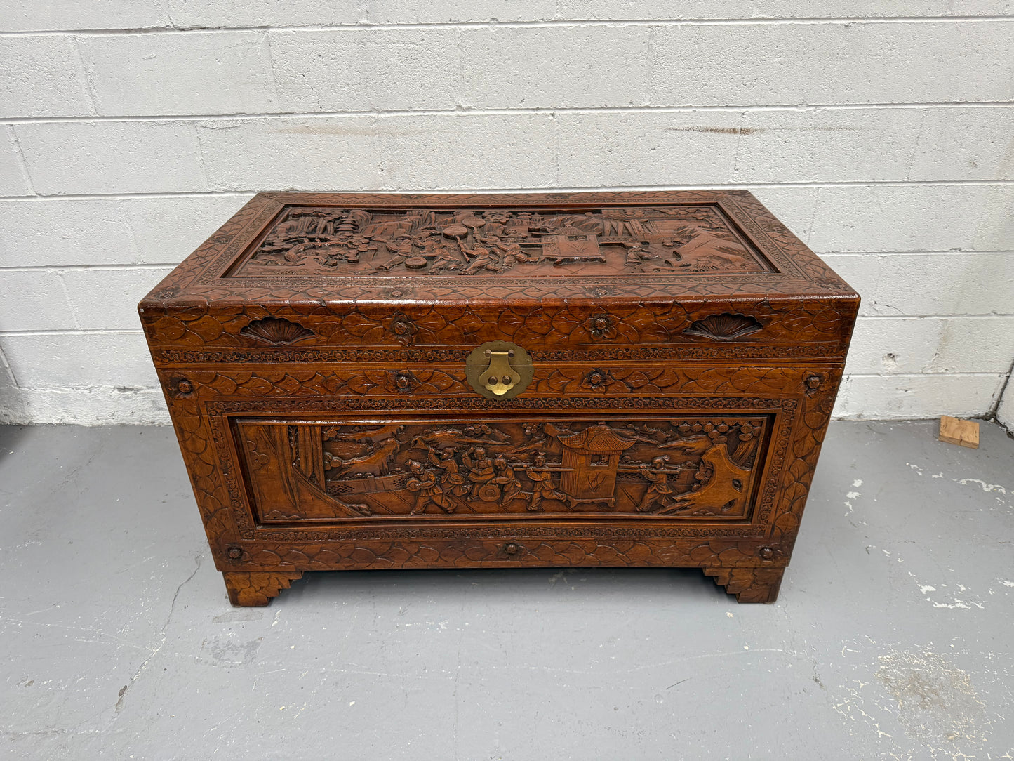 Large Vintage Oriental Carved Camphorwood Chest