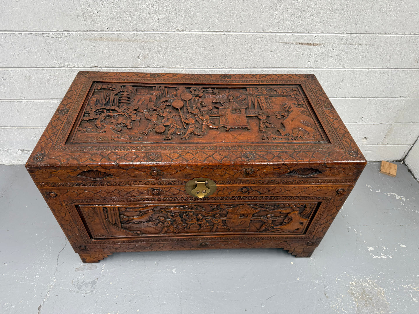 Large Vintage Oriental Carved Camphorwood Chest
