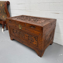 Large Vintage Oriental Carved Camphorwood Chest
