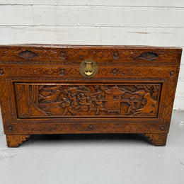 Large Vintage Oriental Carved Camphorwood Chest