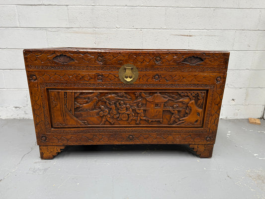 Large Vintage Oriental Carved Camphorwood Chest