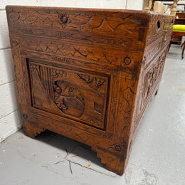 Large Vintage Oriental Carved Camphorwood Chest