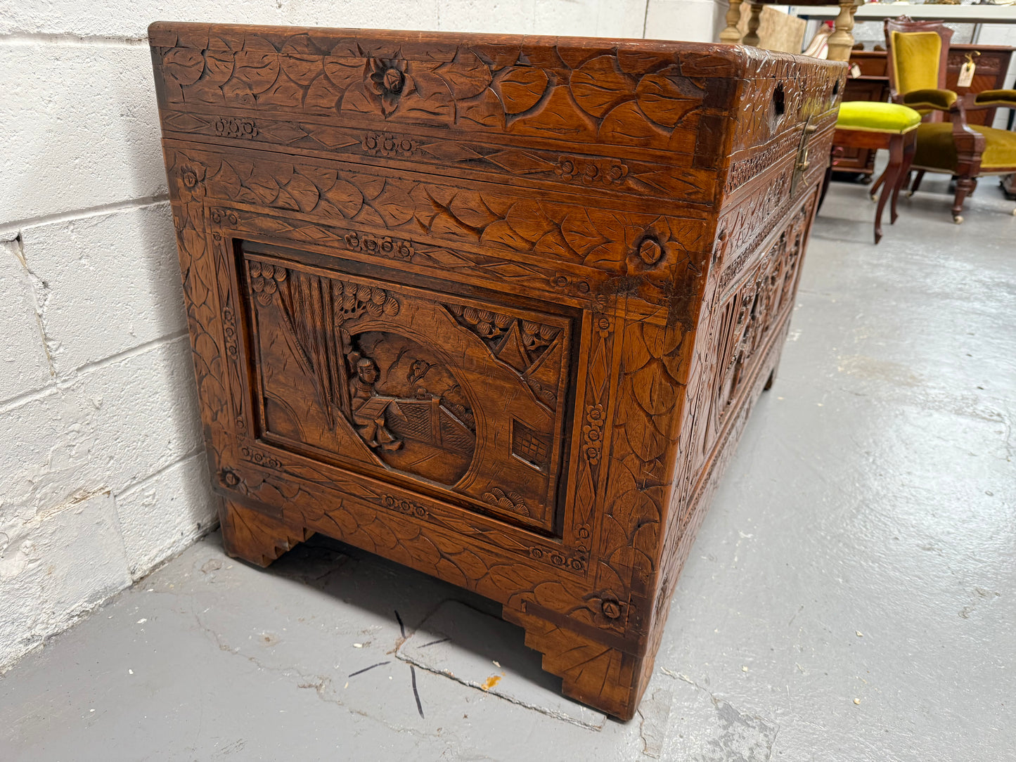 Large Vintage Oriental Carved Camphorwood Chest