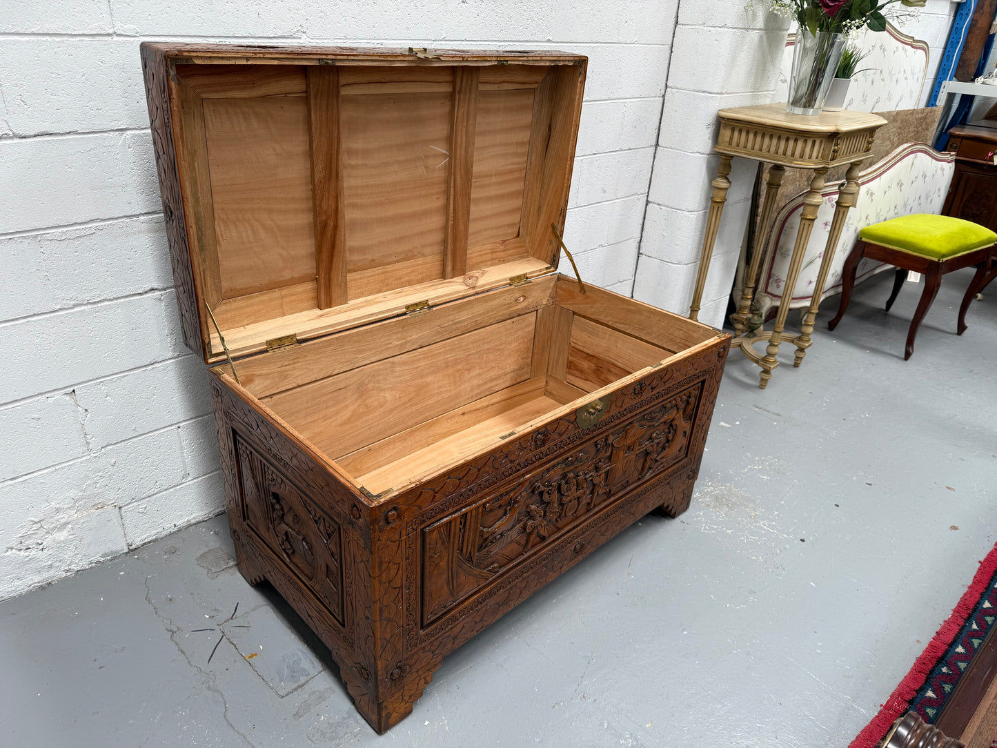 Large Vintage Oriental Carved Camphorwood Chest