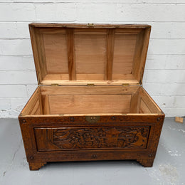 Large Vintage Oriental Carved Camphorwood Chest