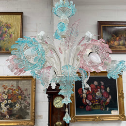 Beautiful Italian Murano Glass Six Branch Light with Pink and Blue Flowers and Leaves