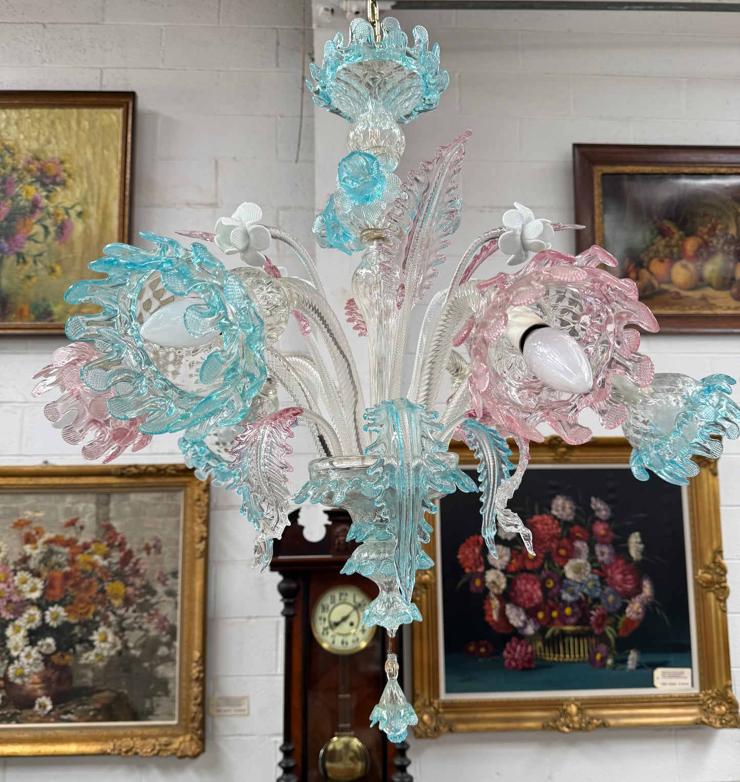 Beautiful Italian Murano Glass Six Branch Light with Pink and Blue Flowers and Leaves