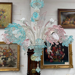 Beautiful Italian Murano Glass Six Branch Light with Pink and Blue Flowers and Leaves