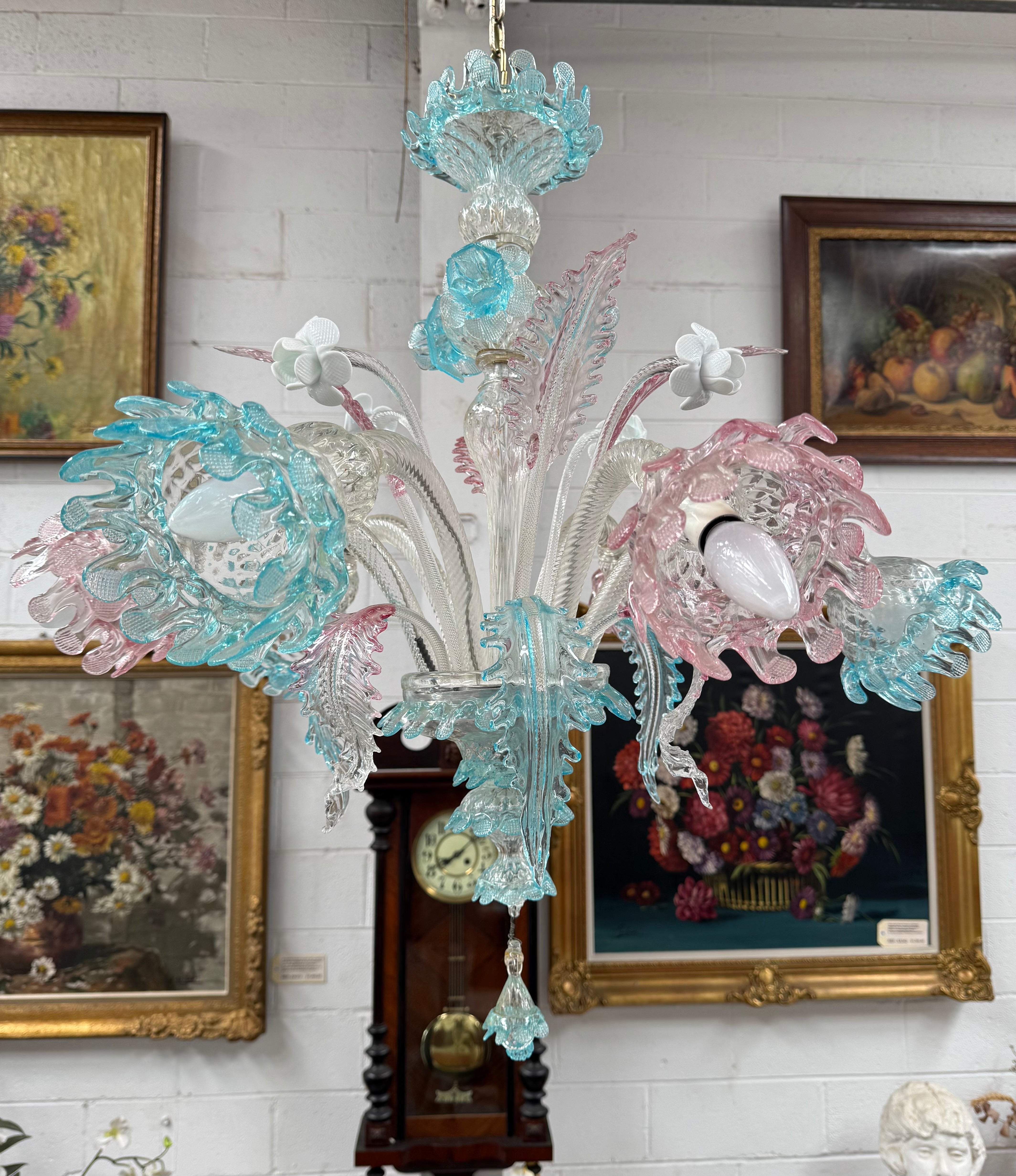 Beautiful Italian Murano Glass Six Branch Light with Pink and Blue Flowers and Leaves | Antique & Vintage | Moonee Ponds Antiques | Australia Wide