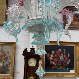 Beautiful Italian Murano Glass Six Branch Light with Pink and Blue Flowers and Leaves