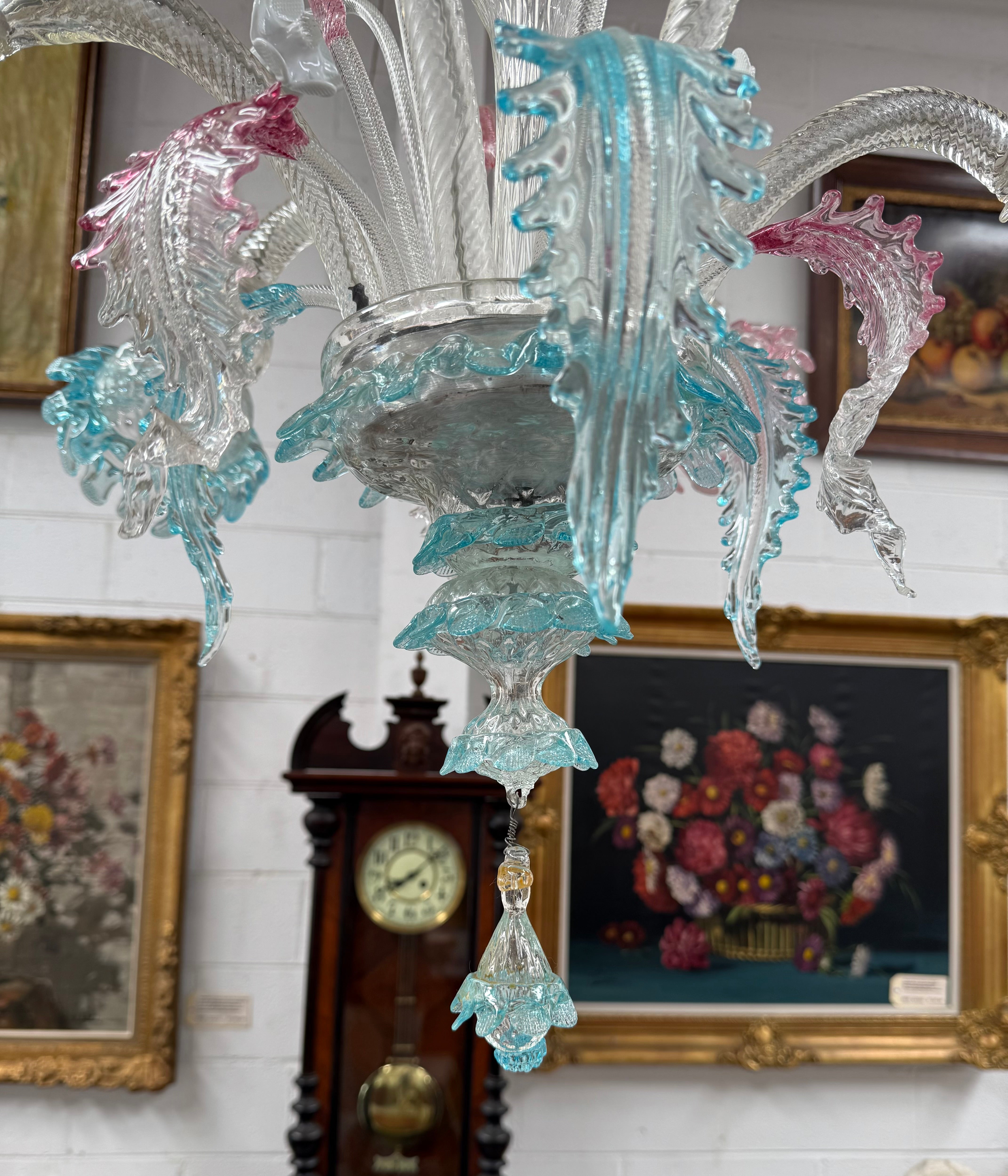 Beautiful Italian Murano Glass Six Branch Light with Pink and Blue Flowers and Leaves | Antique & Vintage | Moonee Ponds Antiques | Australia Wide