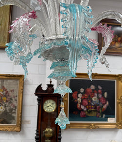 Beautiful Italian Murano Glass Six Branch Light with Pink and Blue Flowers and Leaves | Antique & Vintage | Moonee Ponds Antiques | Australia Wide Delivery
