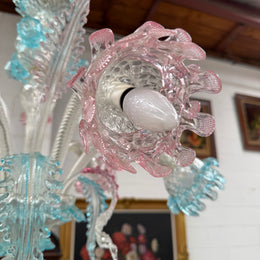 Beautiful Italian Murano Glass Six Branch Light with Pink and Blue Flowers and Leaves