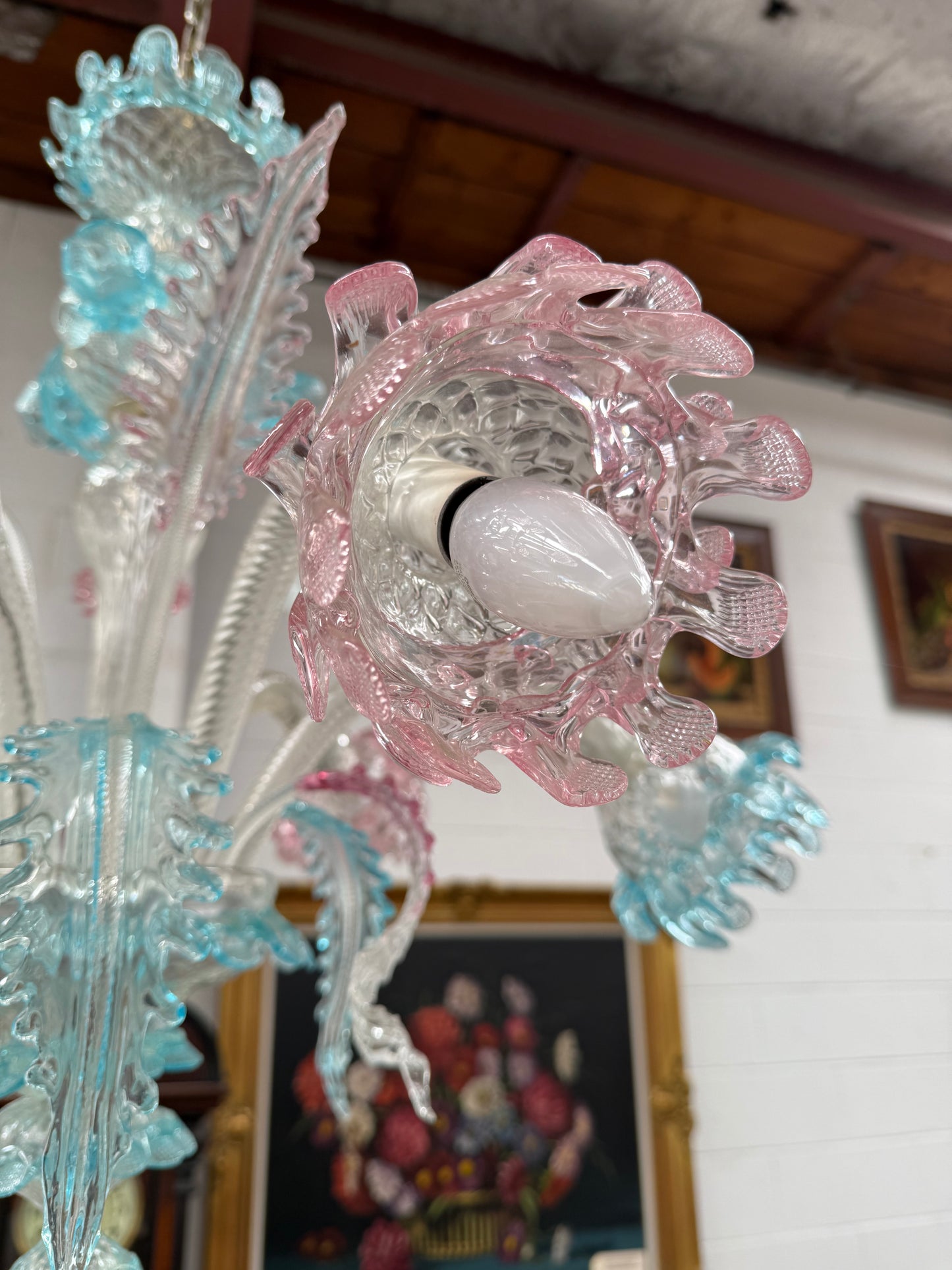 Beautiful Italian Murano Glass Six Branch Light with Pink and Blue Flowers and Leaves