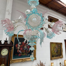 Beautiful Italian Murano Glass Six Branch Light with Pink and Blue Flowers and Leaves