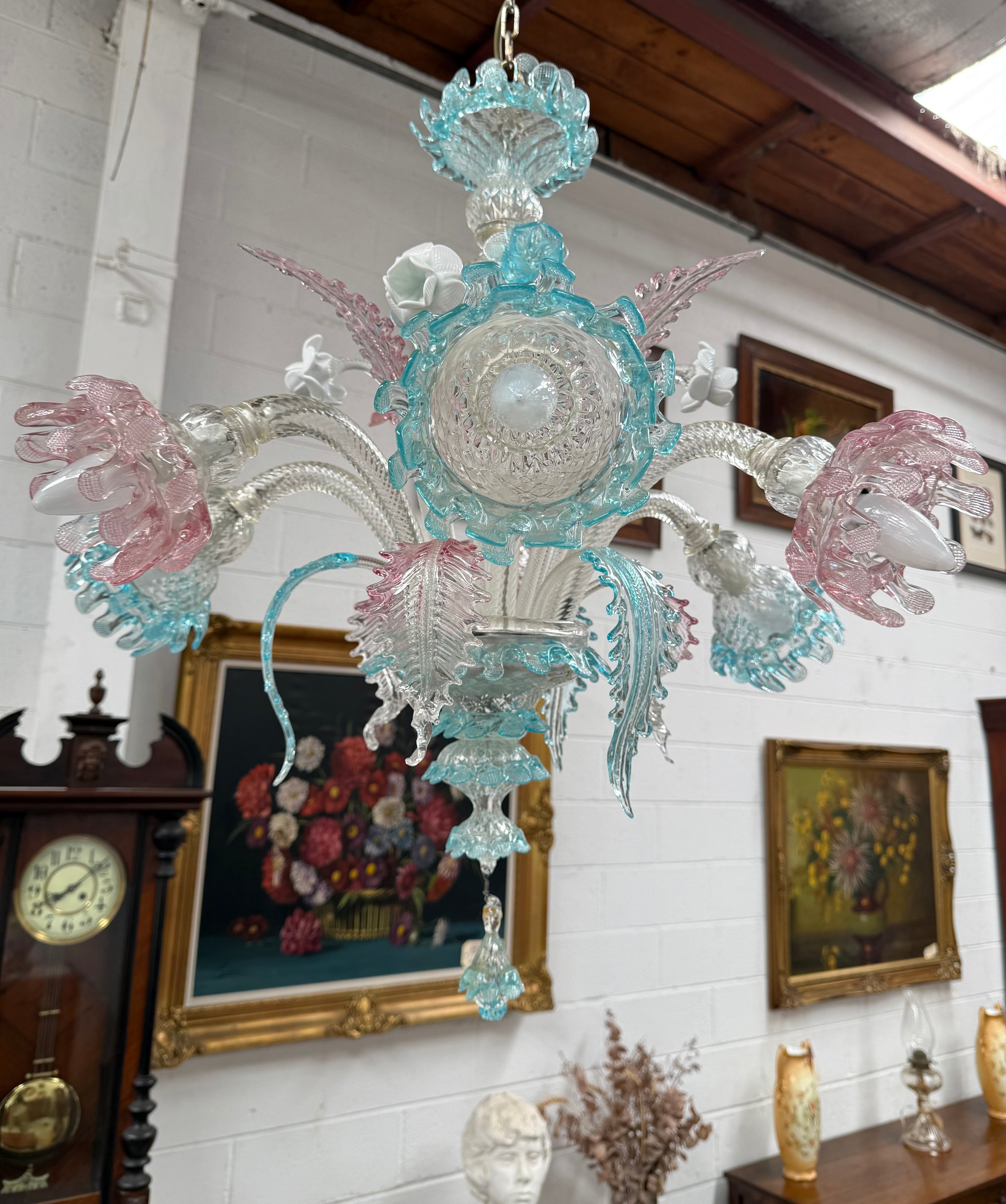 Beautiful Italian Murano Glass Six Branch Light with Pink and Blue Flowers and Leaves | Antique & Vintage | Moonee Ponds Antiques | Australia Wide