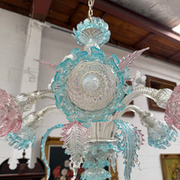 Beautiful Italian Murano Glass Six Branch Light with Pink and Blue Flowers and Leaves