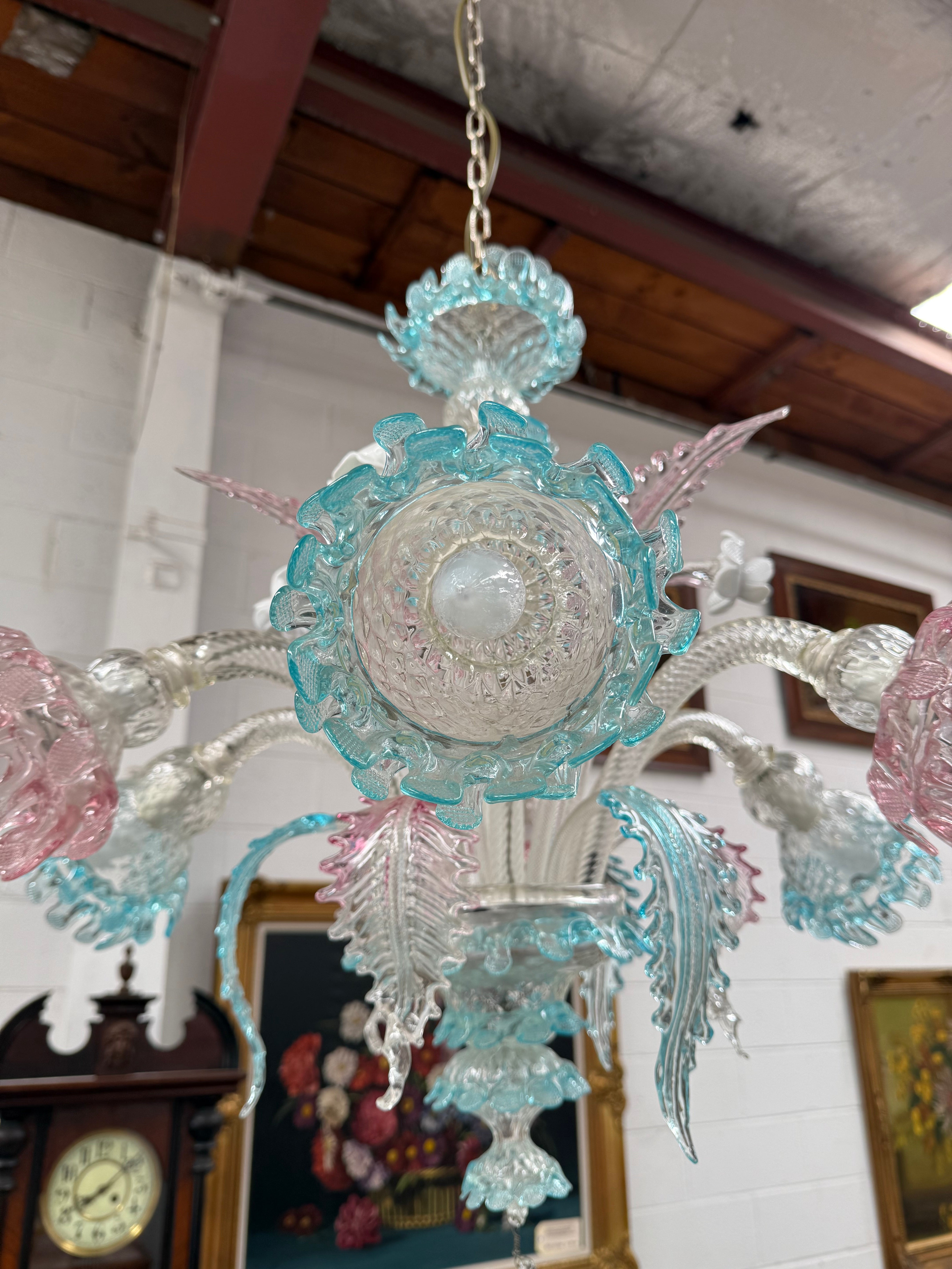 Beautiful Italian Murano Glass Six Branch Light with Pink and Blue Flowers and Leaves | Antique & Vintage | Moonee Ponds Antiques | Australia Wide
