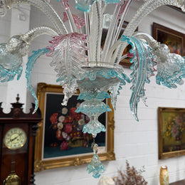Beautiful Italian Murano Glass Six Branch Light with Pink and Blue Flowers and Leaves