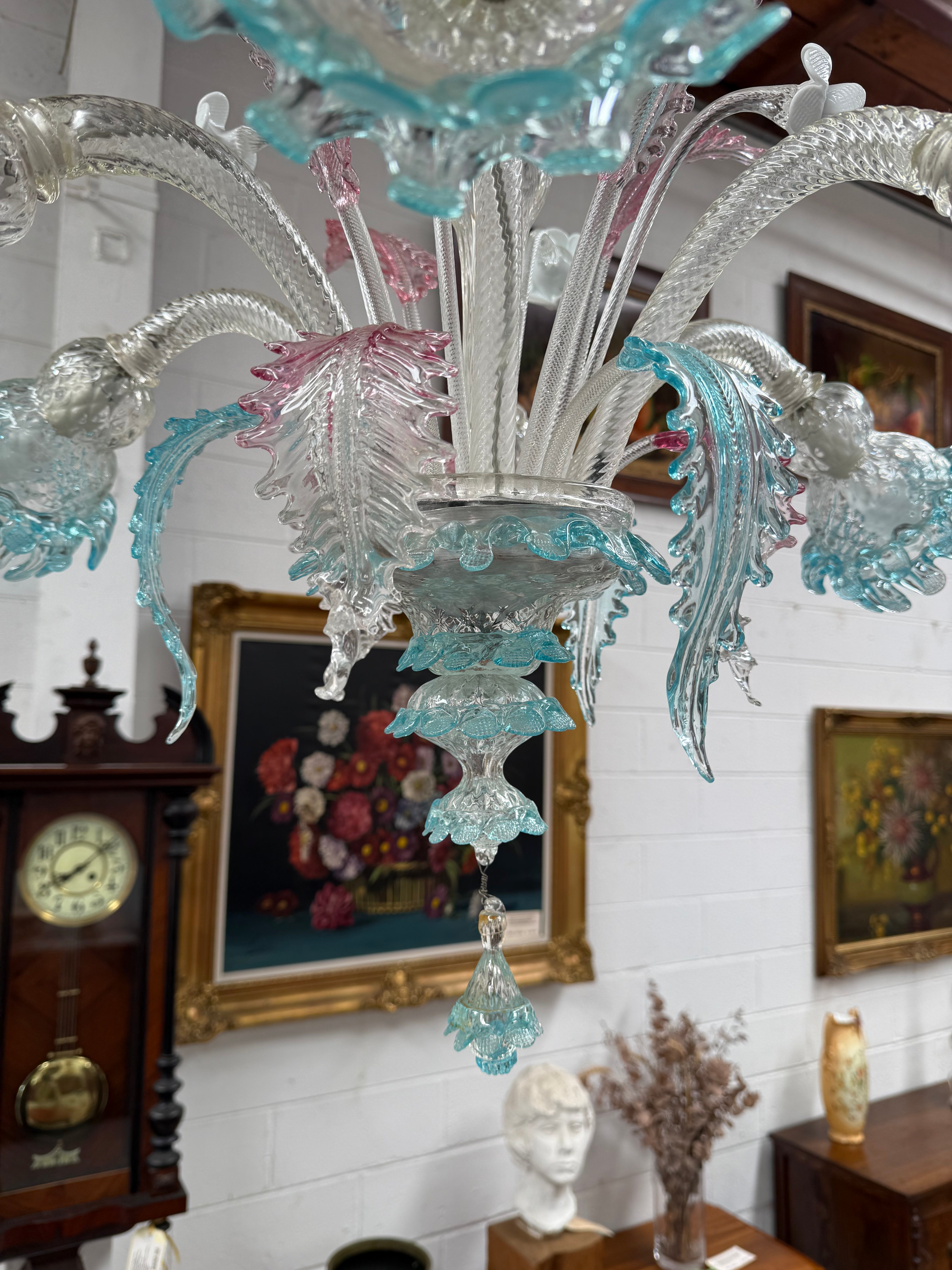 Beautiful Italian Murano Glass Six Branch Light with Pink and Blue Flowers and Leaves | Antique & Vintage | Moonee Ponds Antiques | Australia Wide