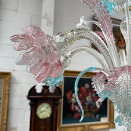 Beautiful Italian Murano Glass Six Branch Light with Pink and Blue Flowers and Leaves