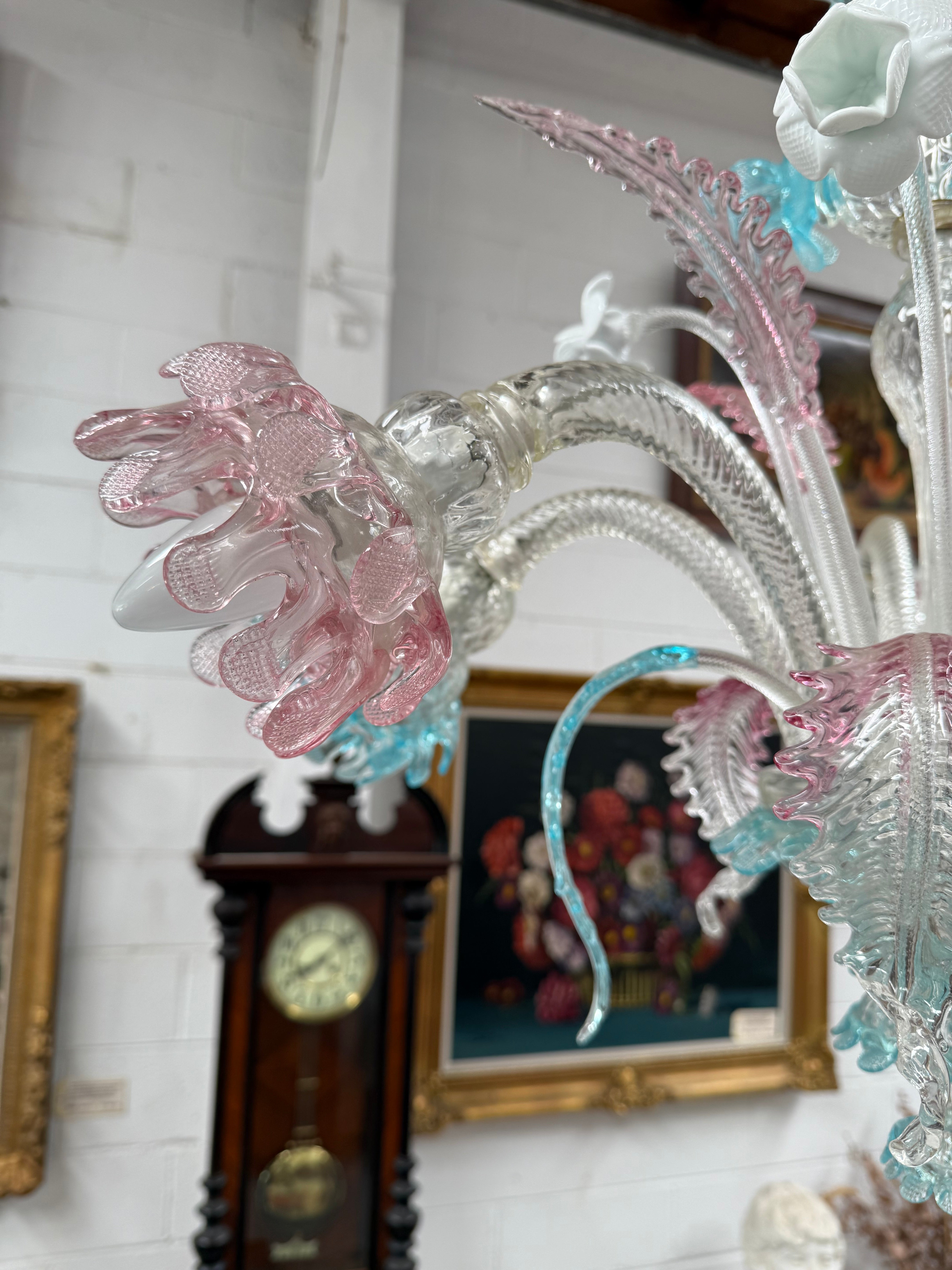 Beautiful Italian Murano Glass Six Branch Light with Pink and Blue Flowers and Leaves | Antique & Vintage | Moonee Ponds Antiques | Australia Wide